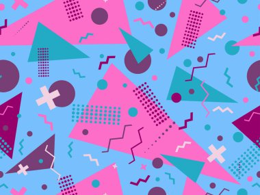 80 'lerin tarzında, geometrik şekilli, kusursuz Memphis deseni. Renkli geometrik desen. Promosyon ürünleri tasarımı, ambalaj kağıdı ve baskı. Vektör illüstrasyonu