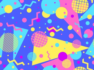 80 'lerin tarzında, geometrik şekilli, kusursuz Memphis deseni. Renkli geometrik desen. Promosyon ürünleri tasarımı, ambalaj kağıdı ve baskı. Vektör illüstrasyonu