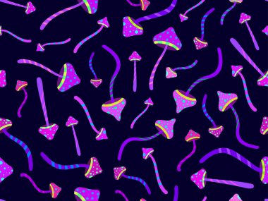 Hallucinogenic mushrooms seamless pattern. Psychedelic mushrooms, acid trip. Design for posters, banners and promotional products. Vector illustration