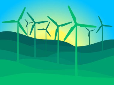 Rüzgâr türbinleri olan bir manzara. Yeşil enerji konsepti, rüzgar türbini siluetleri. Yenilenebilir enerji, temiz elektrik üretimi. Çevre dostu rüzgar enerjisi. Vektör İllüstrasyonu