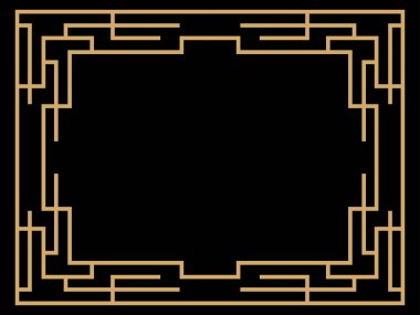 Art deco çerçeve. Klasik doğrusal sınır. Davetiyeler, broşürler ve tebrik kartları için bir şablon tasarla. Geometrik altın çerçeveli. 1920 'lerin tarzı - 1930' lar. Vektör illüstrasyonu