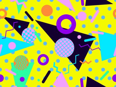 Geometric seamless pattern with memphis elements in 80s style. Colorful dotted background with geometric shapes. Design of promotional products, wrapping paper and printing. Vector illustration