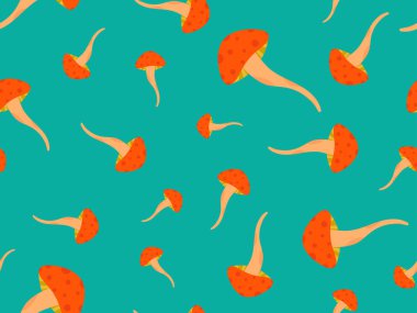 Mushrooms seamless pattern. Mushrooms with red caps on a green background in retro style. Design for posters, banners and promotional products. Vector illustration