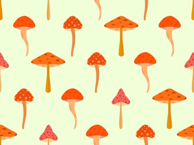 Mushrooms seamless pattern. Various mushrooms, edible and toadstools. Poisonous mushrooms and hallucinogenic fly agaric. Design for banners and promotional items. Vector illustration