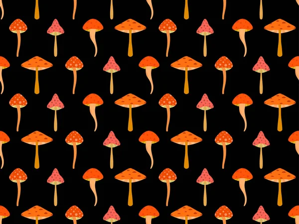 Mushrooms Seamless Pattern Mushrooms Red Caps Black Background Toadstools Poisonous — Vetor de Stock