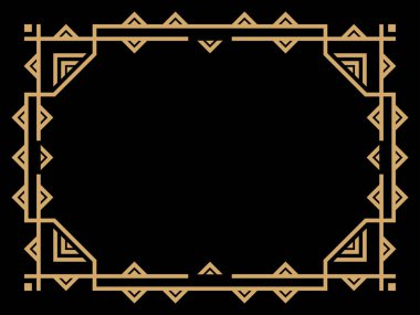 Art deco çerçeve. Klasik doğrusal sınır. Davetiyeler, broşürler ve tebrik kartları için bir şablon tasarla. Geometrik altın çerçeveli. 1920 'lerin tarzı - 1930' lar. Vektör illüstrasyonu