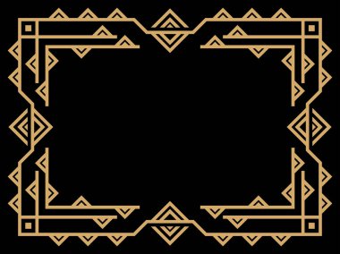 Art deco çerçeve. Klasik doğrusal sınır. Davetiyeler, broşürler ve tebrik kartları için bir şablon tasarla. Geometrik altın çerçeveli. 1920 'lerin tarzı - 1930' lar. Vektör illüstrasyonu
