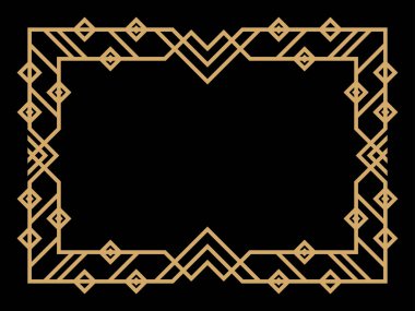 Art deco çerçeve. Klasik doğrusal sınır. Davetiyeler, broşürler ve tebrik kartları için bir şablon tasarla. Geometrik altın çerçeveli. 1920 'lerin tarzı - 1930' lar. Vektör illüstrasyonu