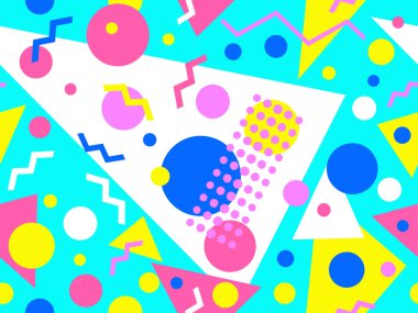 80 'lerin tarzında, geometrik şekilli, kusursuz Memphis deseni. Renkli geometrik desen. Promosyon ürünleri tasarımı, ambalaj kağıdı ve baskı. Vektör illüstrasyonu