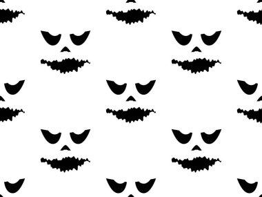 Black silhouettes of scary faces on a white background seamless pattern. A ghostly face with evil scary eyes. Halloween background, Jack O Lantern. Design of banners and posters. Vector illustration