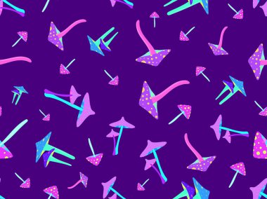 Psychedelic mushrooms seamless pattern. Acid trip, bright colorful mushrooms in the style of the 80s. Trippy magic mushrooms. Design for posters, banners and promotional items. Vector illustration