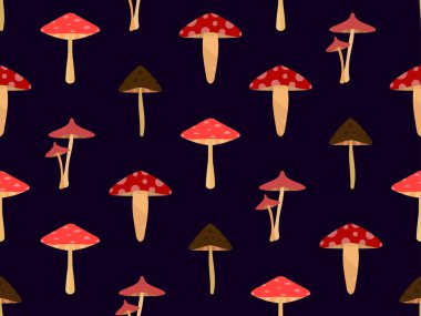 Seamless pattern with mushrooms on black background. Various mushrooms, edible and toadstools. Hallucinogenic fly agaric. Design for banners and promotional items. Vector illustration