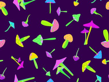 Psychedelic mushrooms seamless pattern. Acid trip, bright colorful mushrooms in the style of the 80s. Trippy magic mushrooms. Design for posters, banners and promotional items. Vector illustration