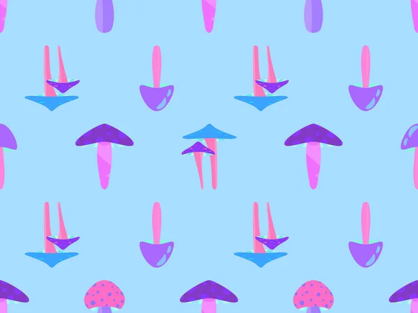 Seamless Pattern Mushrooms Various Mushrooms Wallpaper Purple Turquoise Mushrooms Design — Stock vektor