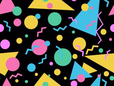 80 'lerin tarzında, geometrik şekilli, kusursuz Memphis deseni. Renkli geometrik desen. Promosyon ürünleri tasarımı, ambalaj kağıdı ve baskı. Vektör illüstrasyonu