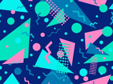 80 'lerin tarzında Memphis elementleriyle geometrik kusursuz desen. Renkli geometrik desen. Promosyon ürünleri tasarımı, ambalaj kağıdı ve baskı. Vektör illüstrasyonu