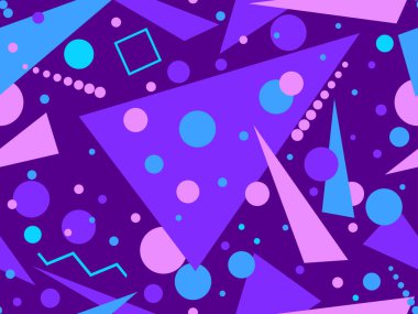 80 'lerin tarzında Memphis elementleriyle geometrik kusursuz desen. Renkli geometrik desen. Promosyon ürünleri tasarımı, ambalaj kağıdı ve baskı. Vektör illüstrasyonu