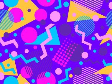 80 'lerin tarzında Memphis elementleriyle geometrik kusursuz desen. Renkli geometrik desen. Promosyon ürünleri tasarımı, ambalaj kağıdı ve baskı. Vektör illüstrasyonu