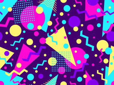 80 'lerin tarzında Memphis elementleriyle geometrik kusursuz desen. Renkli geometrik desen. Promosyon ürünleri tasarımı, ambalaj kağıdı ve baskı. Vektör illüstrasyonu