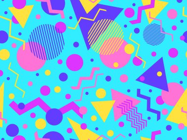 80 'lerin tarzında, geometrik şekilli, kusursuz Memphis deseni. Renkli geometrik desen. Promosyon ürünleri tasarımı, ambalaj kağıdı ve baskı. Vektör illüstrasyonu
