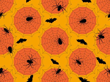Halloween seamless pattern with cobwebs and spiders, bats in black on an orange background. Festive design for print, wrapping paper and banners. Vector illustration