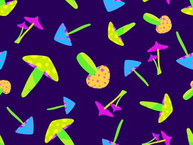 Psychedelic mushrooms seamless pattern. Acid trip, bright colorful mushrooms in the style of the 80s. Trippy magic mushrooms. Design for posters, banners and promotional items. Vector illustration