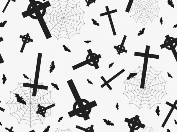 Seamless Pattern Bats Crosses Cobwebs Black Color Isolated White Background — Archivo Imágenes Vectoriales