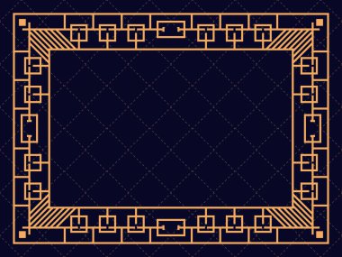 Art deco çerçeve. Klasik doğrusal sınır. Davetiyeler, broşürler ve tebrik kartları için bir şablon tasarla. Geometrik altın çerçeveli. 1920 'lerin tarzı - 1930' lar. Vektör illüstrasyonu