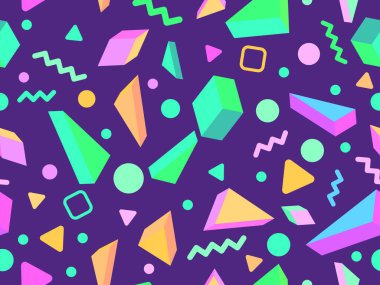 80 'lerin tarzında Memphis elementleriyle geometrik kusursuz desen. Renkli geometrik desen. Promosyon ürünleri tasarımı, ambalaj kağıdı ve baskı. Vektör illüstrasyonu