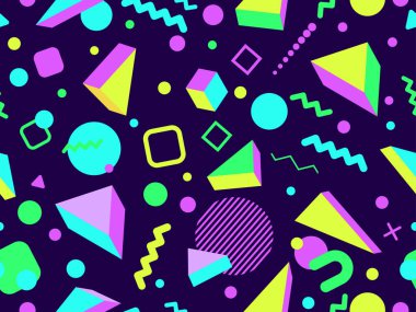 80 'lerin tarzında Memphis elementleriyle geometrik kusursuz desen. Renkli geometrik desen. Promosyon ürünleri tasarımı, ambalaj kağıdı ve baskı. Vektör illüstrasyonu