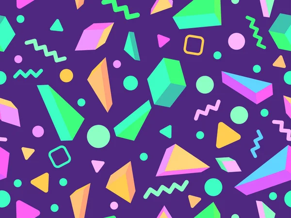 80 'lerin tarzında Memphis elementleriyle geometrik kusursuz desen. Renkli geometrik desen. Promosyon ürünleri tasarımı, ambalaj kağıdı ve baskı. Vektör illüstrasyonu