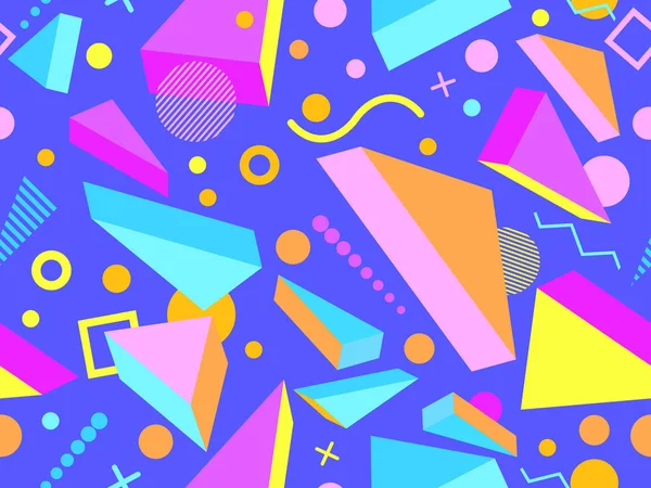 80 'lerin tarzında Memphis elementleriyle geometrik kusursuz desen. Renkli geometrik desen. Promosyon ürünleri tasarımı, ambalaj kağıdı ve baskı. Vektör illüstrasyonu