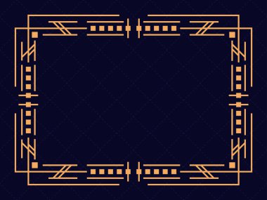 Art deco çerçeve. Klasik doğrusal sınır. Davetiyeler, broşürler ve tebrik kartları için bir şablon tasarla. Geometrik altın çerçeveli. 1920 'lerin tarzı - 1930' lar. Vektör illüstrasyonu