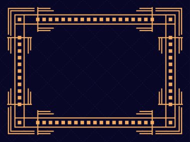 Art deco çerçeve. Klasik doğrusal sınır. Davetiyeler, broşürler ve tebrik kartları için bir şablon tasarla. Geometrik altın çerçeveli. 1920 'lerin tarzı - 1930' lar. Vektör illüstrasyonu
