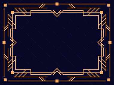 Art deco çerçeve. Klasik doğrusal sınır. Davetiyeler, broşürler ve tebrik kartları için bir şablon tasarla. Geometrik altın çerçeveli. 1920 'lerin tarzı - 1930' lar. Vektör illüstrasyonu