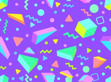 Geometric seamless pattern with 3d shapes in 80s memphis style. Isometric geometric shapes. Colorful background design for promotional products, wrapping paper and printing. Vector illustration