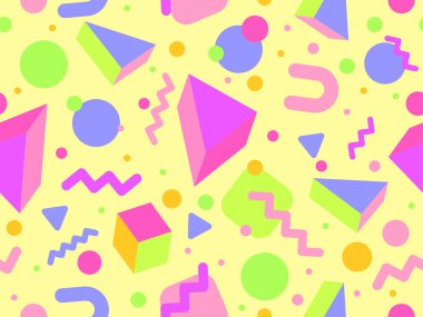 Geometric seamless pattern with 3d shapes in 80s memphis style. Isometric geometric shapes. Colorful background design for promotional products, wrapping paper and printing. Vector illustration