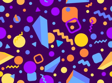 Geometric seamless pattern with 3d shapes in 80s memphis style. Isometric geometric shapes. Colorful background design for promotional products, wrapping paper and printing. Vector illustration