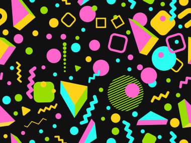 Memphis seamless pattern with 3d geometric shapes in 80s style. Colorful geometric pattern. Design of promotional products, wrapping paper and printing. Vector illustration