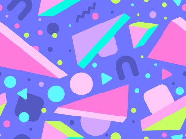 Memphis seamless pattern with 3d geometric shapes in 80s style. Colorful geometric pattern. Design of promotional products, wrapping paper and printing. Vector illustration