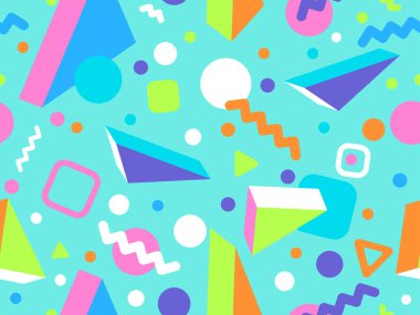 Memphis seamless pattern with 3d geometric shapes in 80s style. Colorful geometric pattern. Design of promotional products, wrapping paper and printing. Vector illustration
