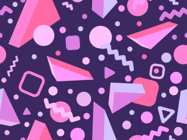 Memphis seamless pattern with 3d geometric shapes in 80s style. Colorful geometric pattern. Design of promotional products, wrapping paper and printing. Vector illustration