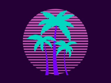 Günbatımında 80 'lerin stiliyle geçmişe dönük palmiye ağaçları. Yaz zamanı, güneşin arka planında palmiye ağaçları, sentetik dalga tarzı. Reklam broşürleri ve afişler için tasarım. vektör illüstrasyonu