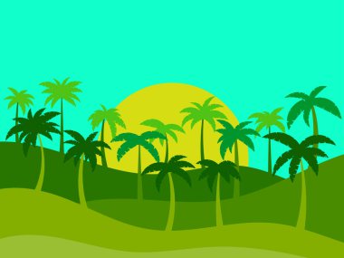 Tropical landscape with palm trees in a minimalist style. The contours of palm trees against the background of the sun in flat style. Design for printing poster and banner. Vector illustration
