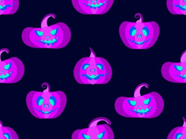 Halloween seamless pattern with purple pumpkins on a black background. The pumpkin glows blue. Carved Halloween pumpkin face. Design of promotional products, banner and poster. Vector illustration