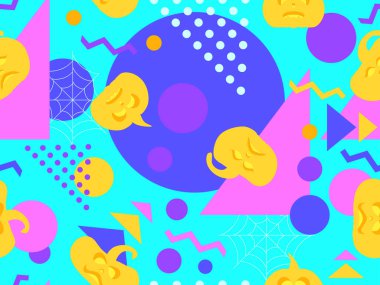 Halloween seamless pattern with scary pumpkins and geometric shapes in the style of the 80s. Design for promotional products, wrapping paper, brochures and printing. Vector illustration