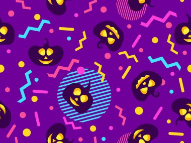 Halloween seamless pattern with scary pumpkins and geometric shapes in the style of the 80s. Design for promotional products, wrapping paper, brochures and printing. Vector illustration