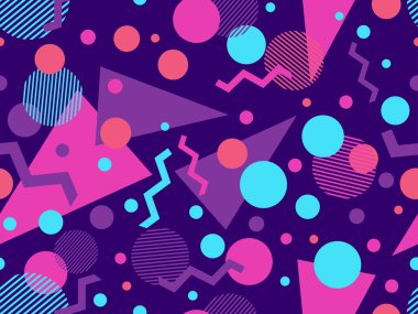 Memphis seamless pattern with geometric shapes in 80s style. Colorful geometric shapes on a violet background. Design of promotional products, wrapping paper and printing. Vector illustration
