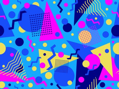 Memphis seamless pattern with geometric shapes in 80s style. Colorful geometric shapes on a blue background. Design of promotional products, wrapping paper and printing. Vector illustration