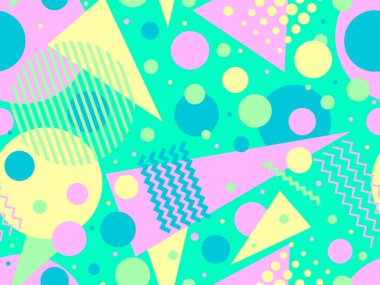 Geometric seamless pattern in 80s memphis style. Colorful geometric shapes on green background. Design for promotional products, wrapping paper, brochures and printing. Vector illustration